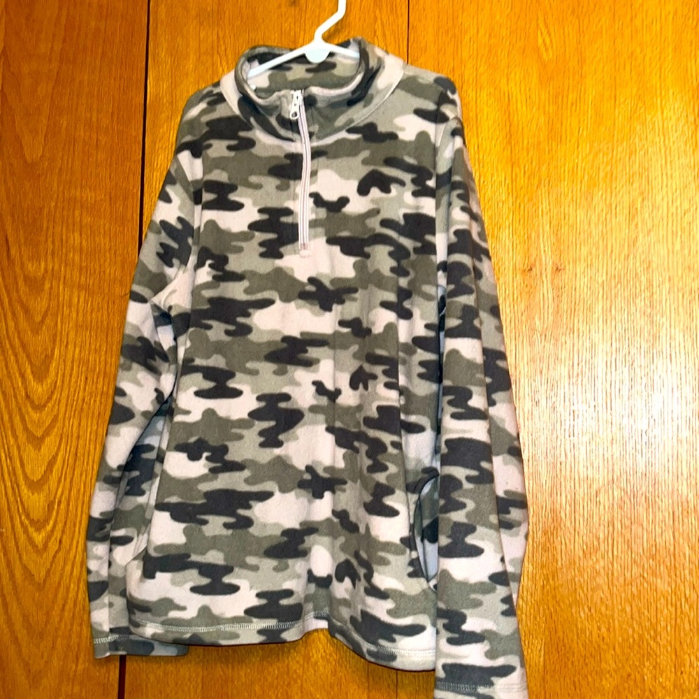 Place XL 14 green tan camouflage pullover fleece 1/4 zip top shirt 2 pockets GUC